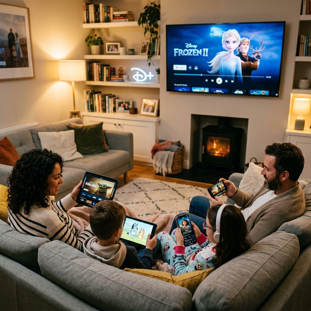 Disney share play multi-device streaming demonstration with family using tablets and TV