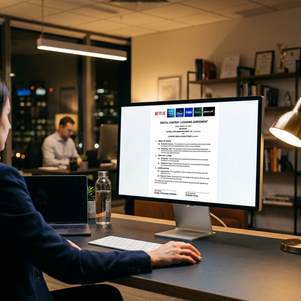 Share subscription agreement document displayed on laptop screen with streaming service terms