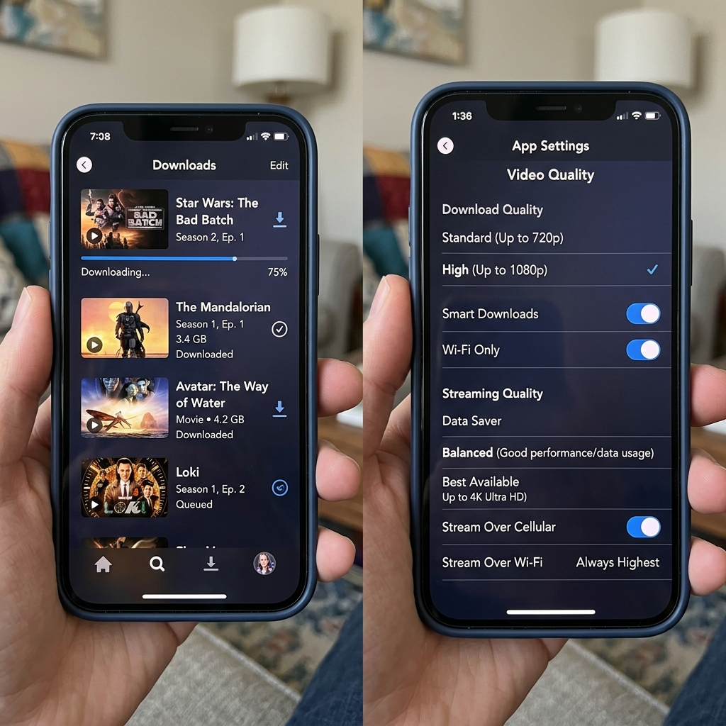 Disney share play optimization showing download features and quality settings interface