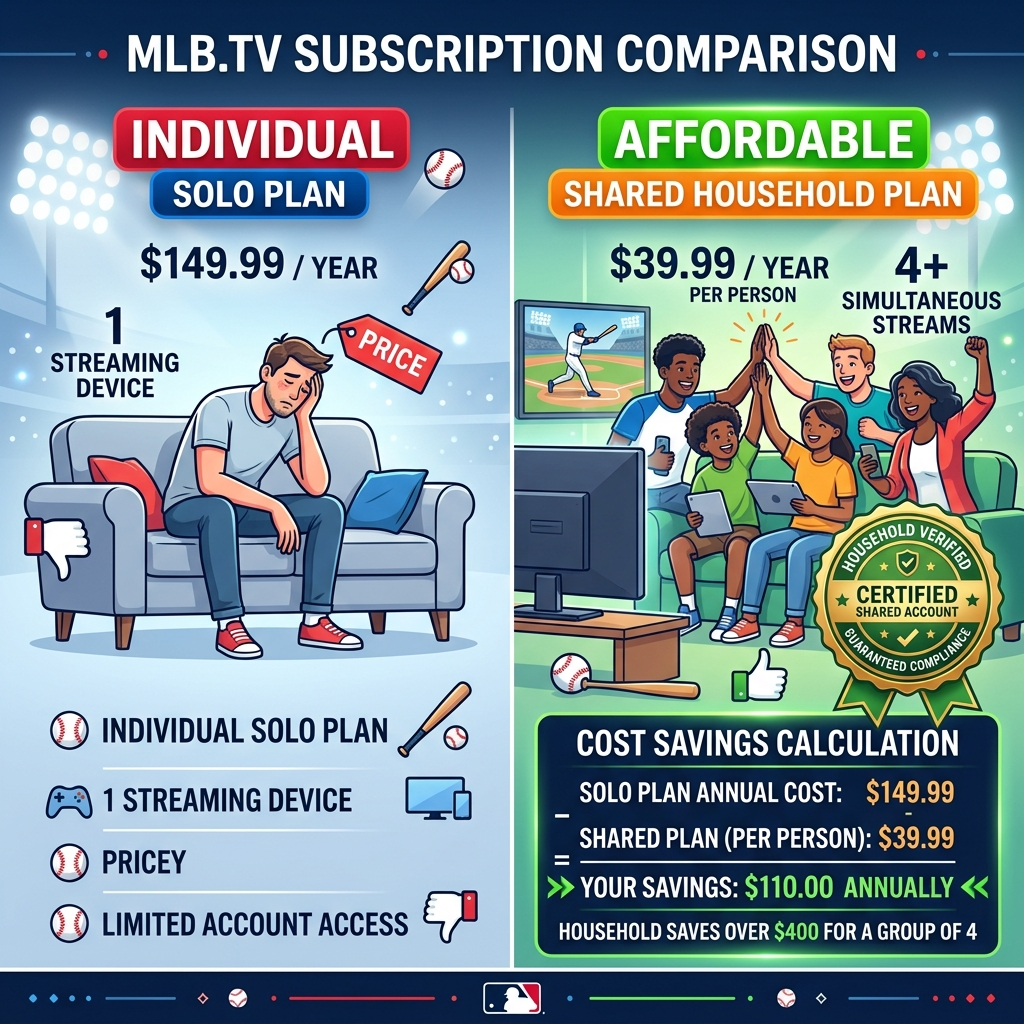 Can you share an MLB TV subscription cost comparison showing legal household sharing savings