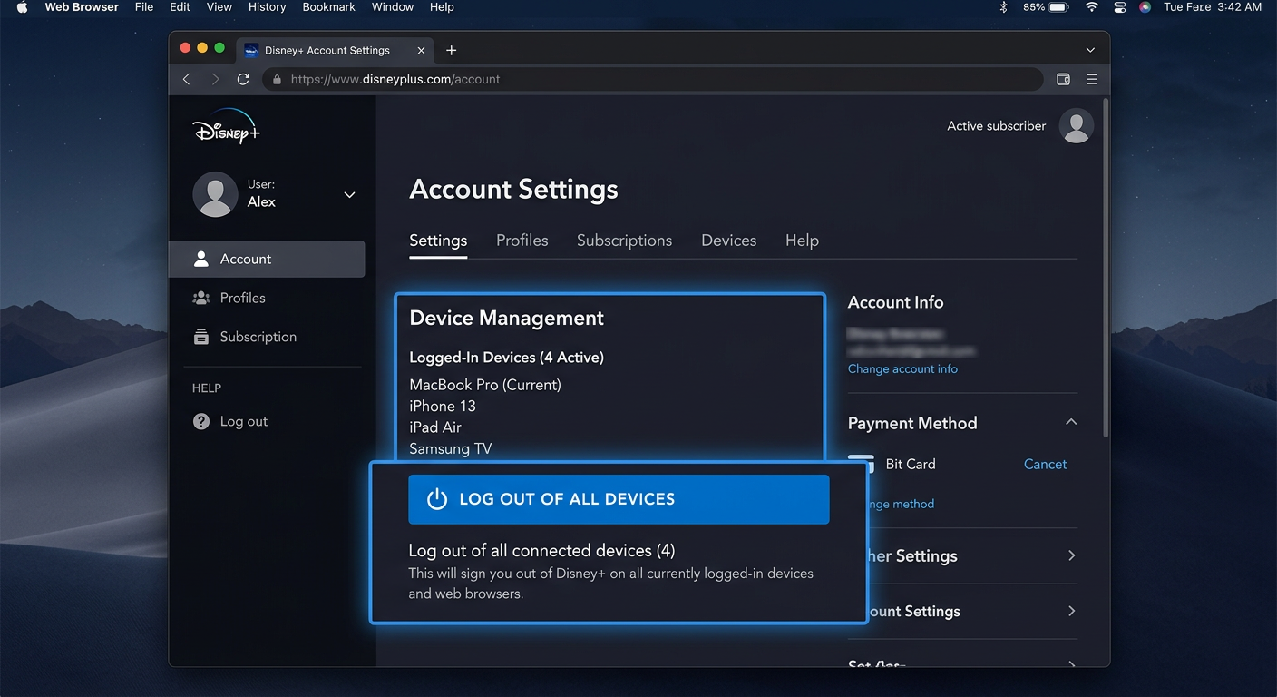 Disney Plus log out all devices option in account settings dashboard