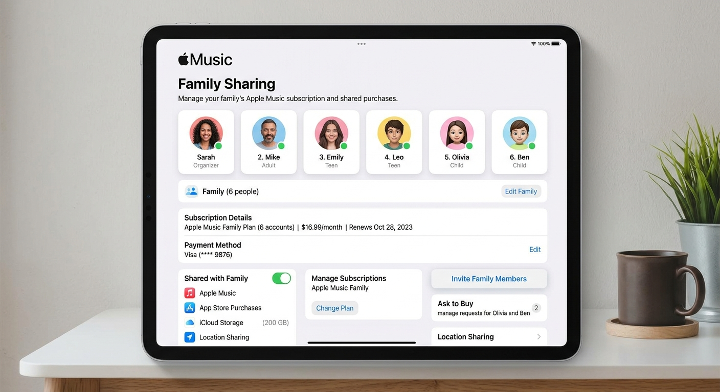Apple Music family subscription management dashboard showing how to share with family