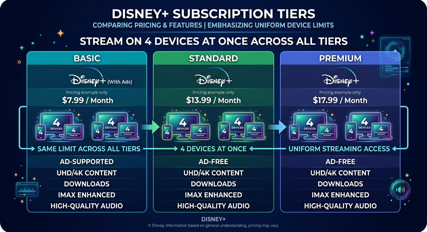 Does Disney Plus limit devices by subscription tier - comparison showing uniform limits