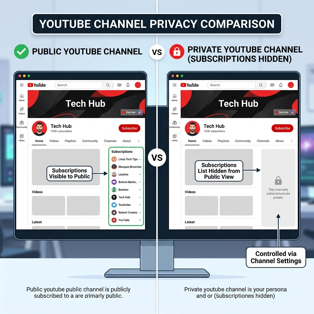 Comparison showing visible and hidden YouTube subscriptions after privacy settings change