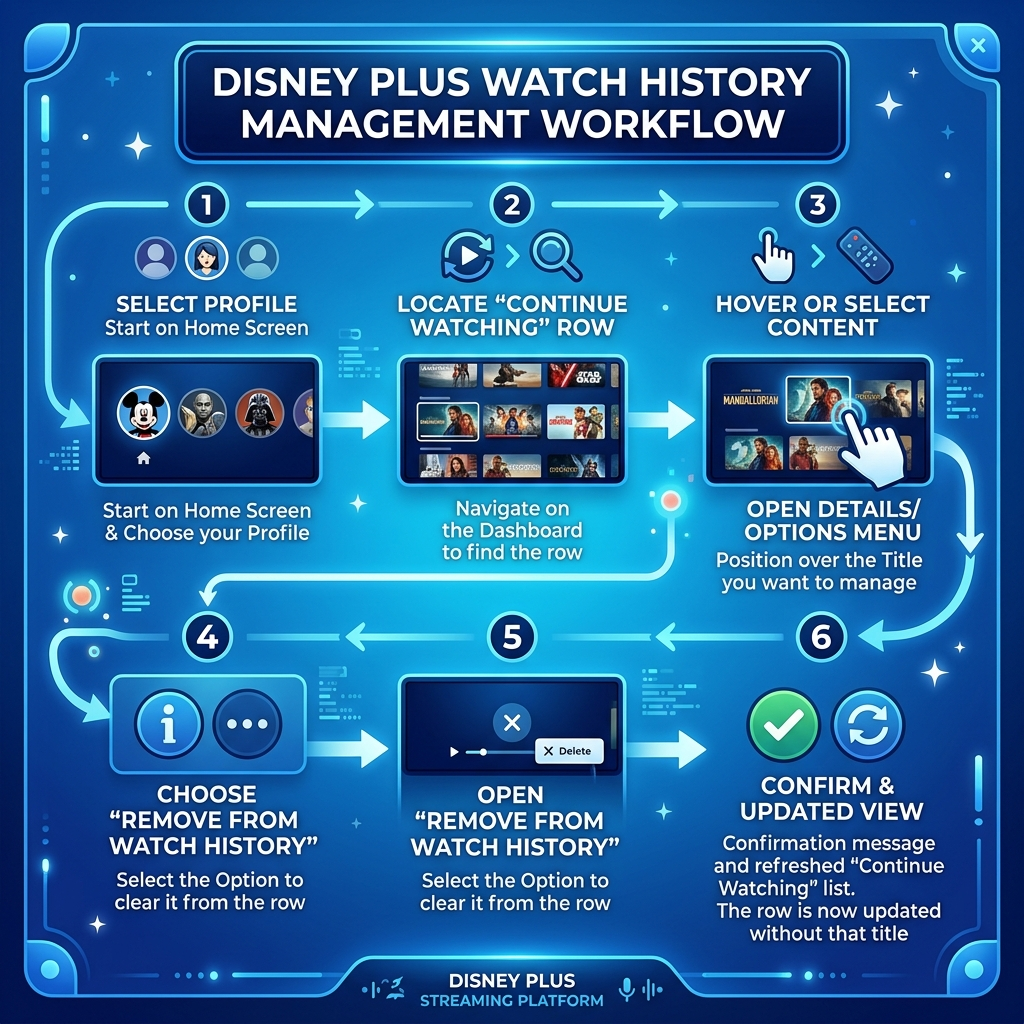 Complete guide infographic for how to clear watch history on Disney Plus