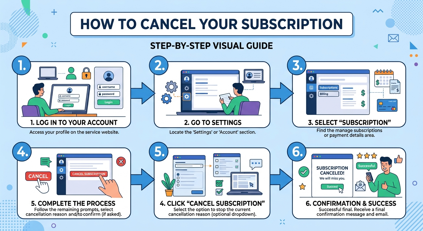 cancel Envato subscription step-by-step process infographic guide