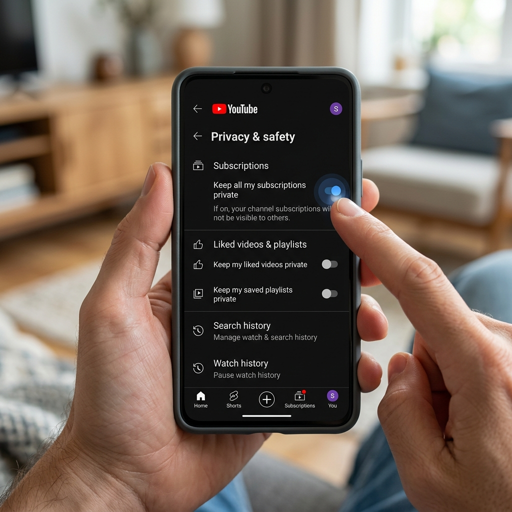 Mobile YouTube app showing how to hide subscriptions YouTube through privacy toggle