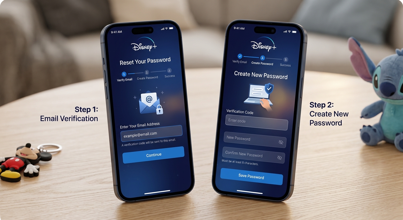 DisneyPlus password reset workflow showing verification steps