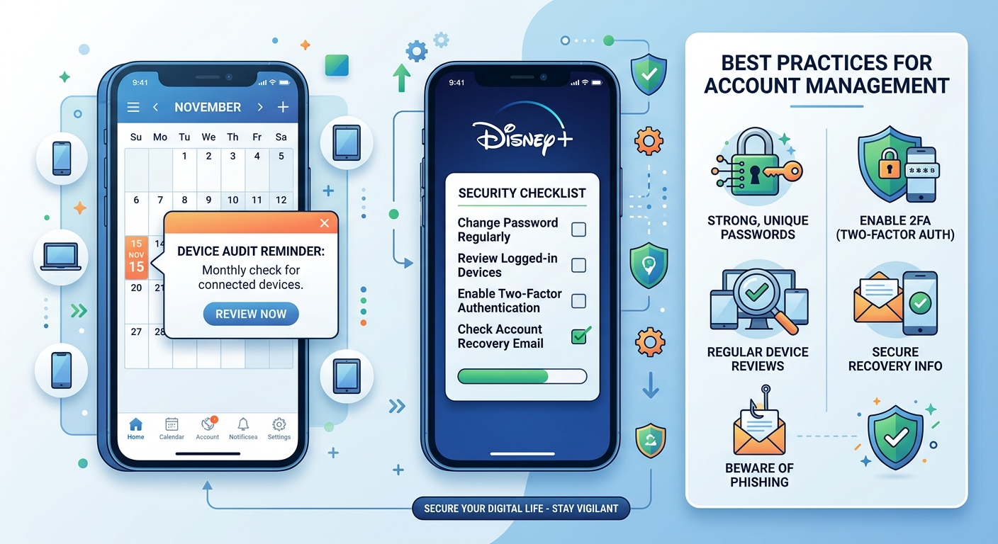 Disney Plus sign out of devices management schedule and security checklist