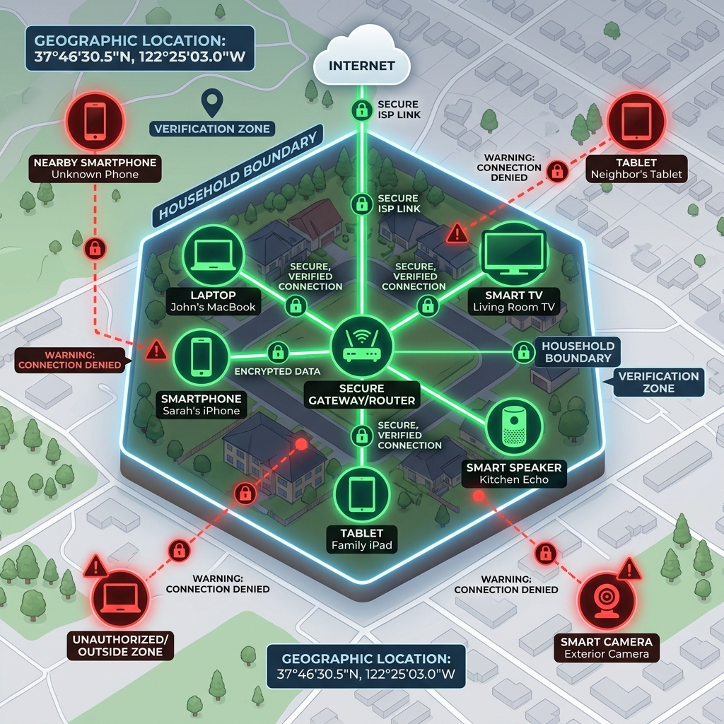 Disney Plus verify household network boundary diagram showing device authorization zones