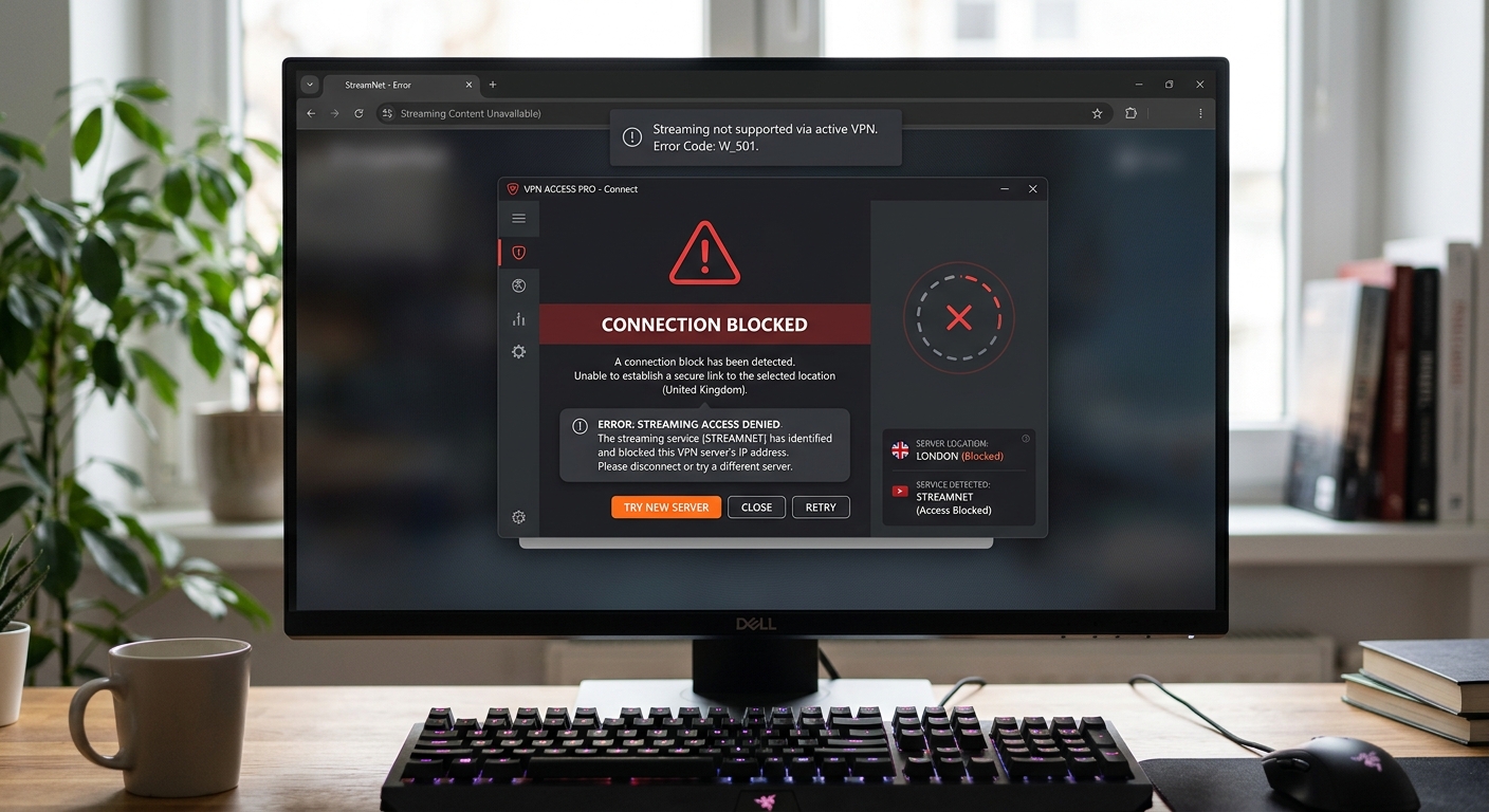 VPN blocking screen showing risks of trying to bypass Disney Plus household verification technically