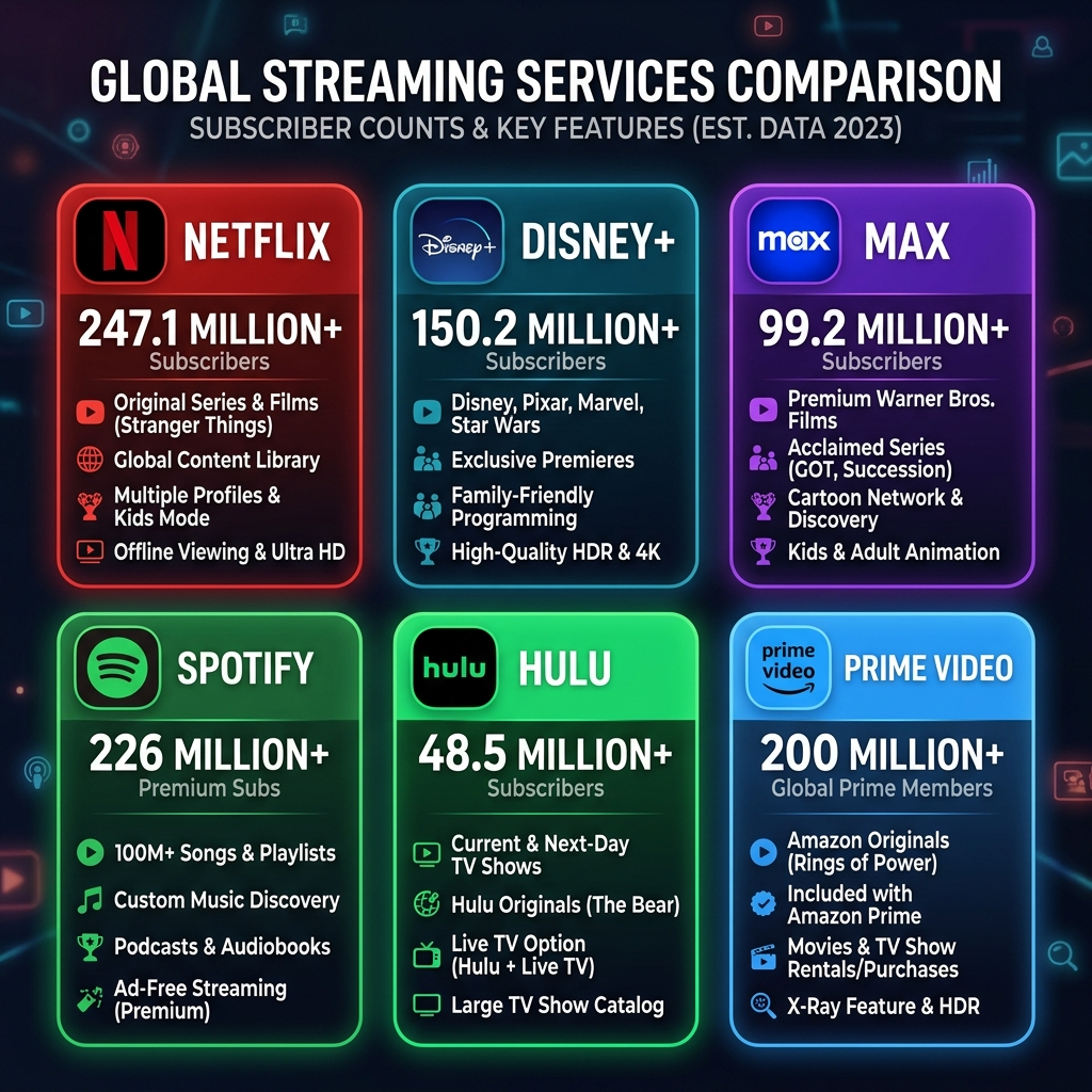 Popular subscription marketplace services including Netflix, Disney Plus, and HBO Max