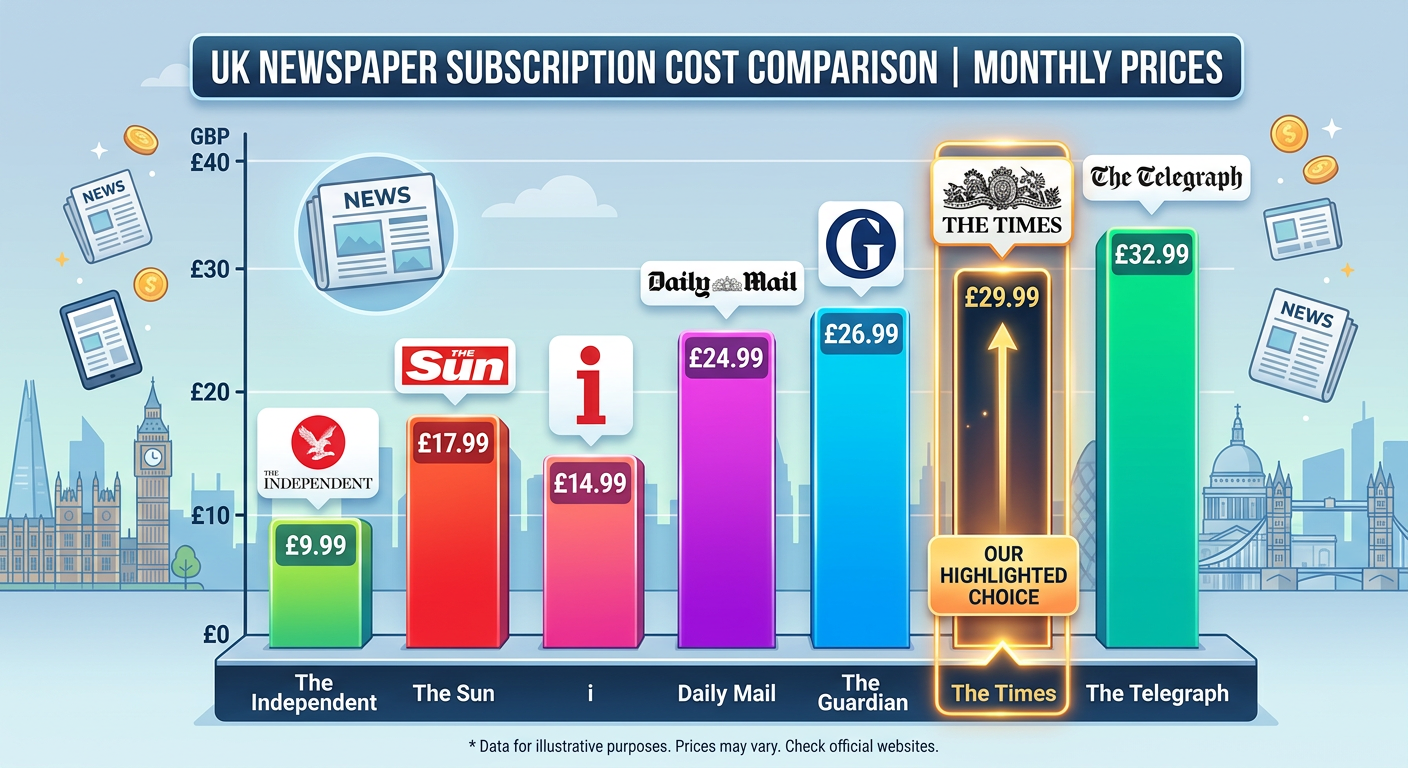 Competitive comparison showing the times subscription cost positioned mid-range among UK newspaper digital subscriptions
