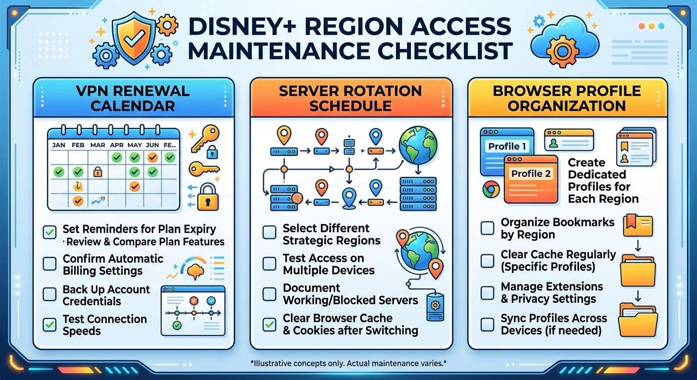 Maintenance checklist for sustained Disney Plus region changing access