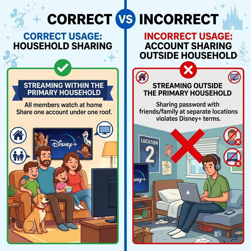 Disney one household rule violations and compliant usage comparison diagram
