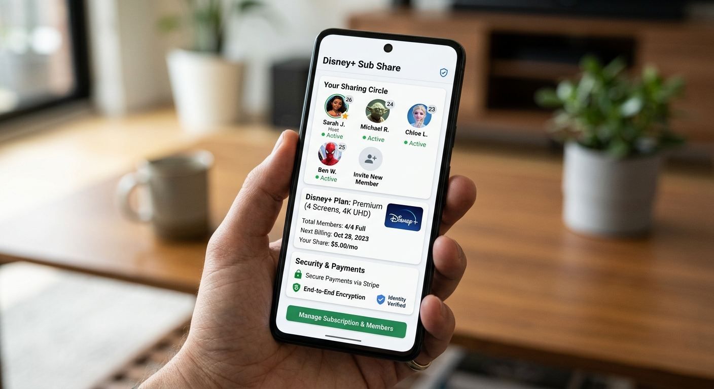 Subscription sharing platform interface showing how to bypass Disney Plus household limitations legally
