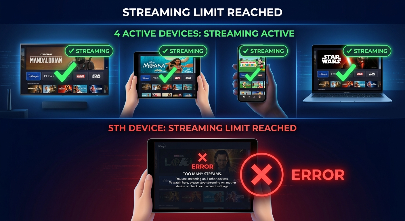 Diagram showing Disney Plus device limit and how many devices can be logged into Disney Plus at once